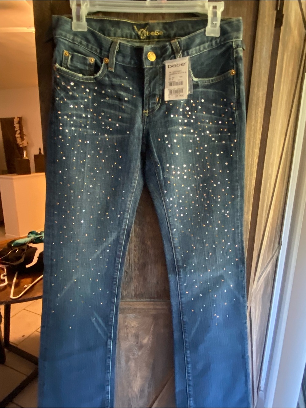 bebe Dark Blue Rhinestone Flare Jeans